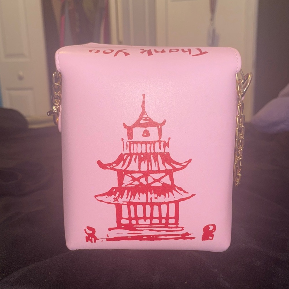 Pink Box Bag with Red Pagoda Design